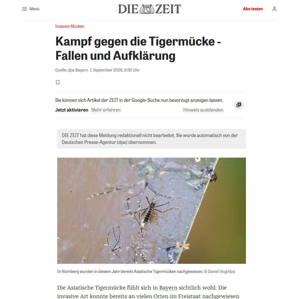 Systematisches Monitoring der Asiatischen Tigermücke wird immer wichtiger. Wo Tigermücken aktuell nachgewiesen werden und welche Maßnahmen Städte und Landkreise ergreifen, zeigt der aktuelle Bericht bei DIE ZEIT.
